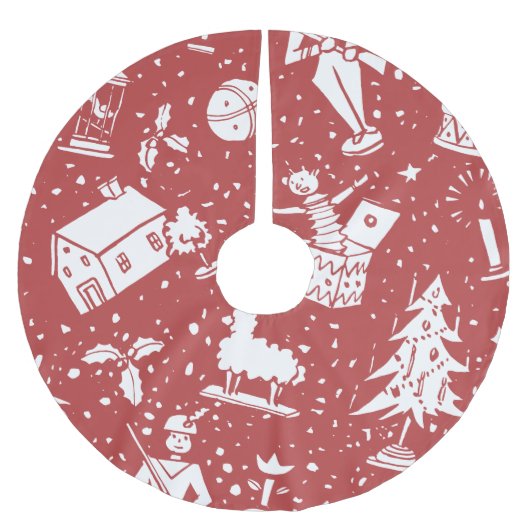 Weihnachtsspielzeug-Muster auf Retro Red Polyester Weihnachtsbaumdecke (Vorderseite)