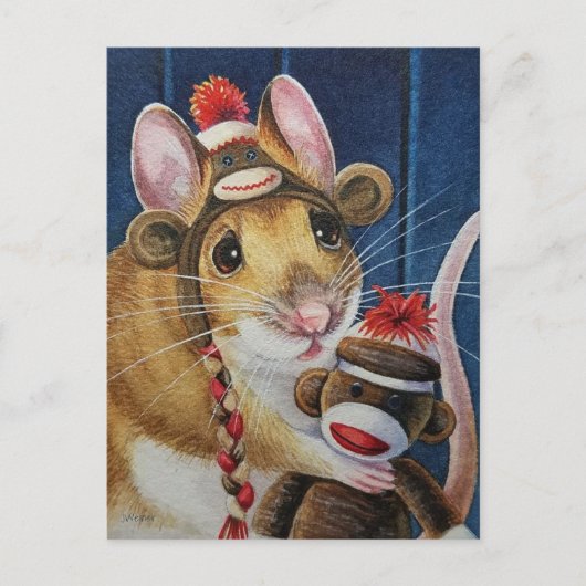 Weihnachtsspielzeug-Sock Affen Maus Kunst Postkarte (Vorderseite)