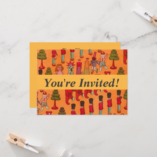 Weihnachtsspielzeug-Vintage Kinder spielen Einladung (Vorderseite/Rückseite Beispiel)