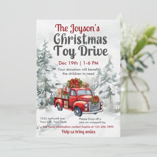 Weihnachtsspielzeugfamilie oder Wohltätigkeit Einladung (Stehend Vorderseite)