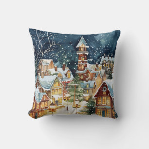 Weihnachtsstadt im Schnee illustrativ Kissen