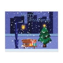 Weihnachtsstadtbild mit Straßenlaterne, Baum und G