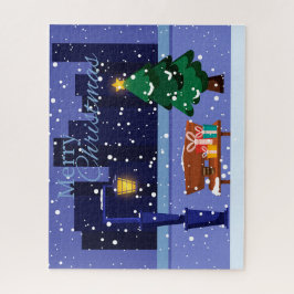 Weihnachtsstadtbild mit Straßenlaterne, Baum und G Puzzle