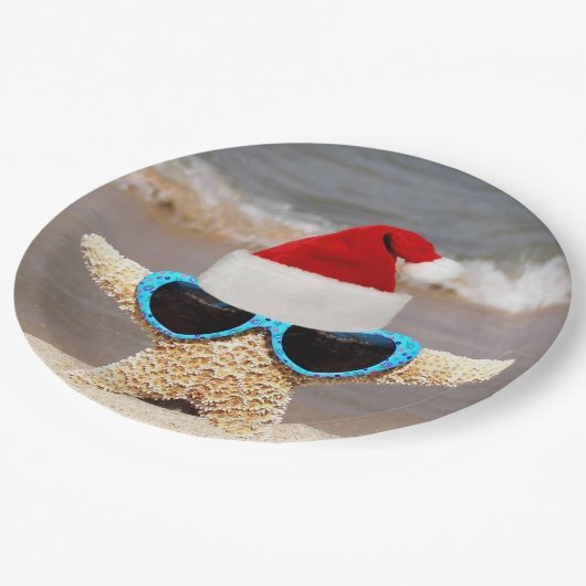 Weihnachtsstarfisch mit Sonnenbrille Pappteller (Schrägansicht)