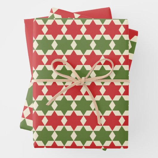 Weihnachtsstars in Retro Rot, Olive Green und Crem Geschenkpapier Set (Beispiel)