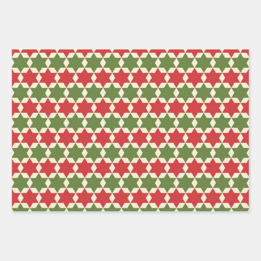 Weihnachtsstars in Retro Rot, Olive Green und Crem Geschenkpapier Set (Vorderseite)