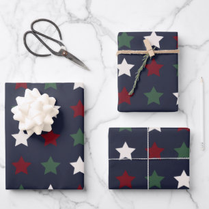 Weihnachtsstars Muster Blau Weiß Rot Geschenkpapier Set