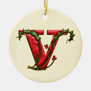 Weihnachtsstechpalmen-Monogramm V Keramik Ornament
