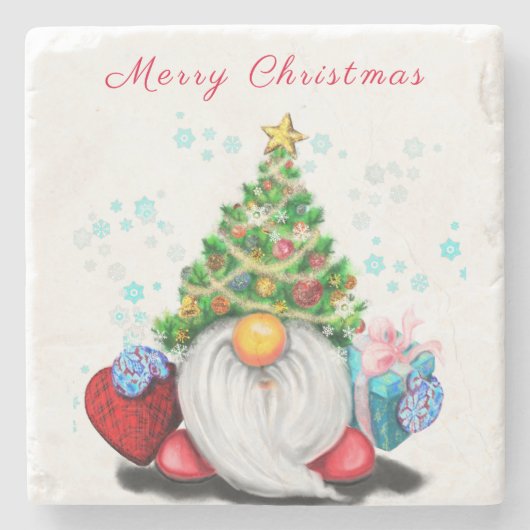 Weihnachtsstein Untersetzer Gnome mit Geschenken (Vorderseite)