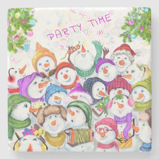 Weihnachtsstein Untersetzer mit Happy Snowmans Par (Vorderseite)