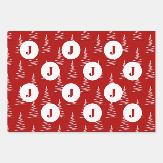 Weihnachtssteine & Bäume Custom Monogram Red Geschenkpapier Set (Vorderseite 2)
