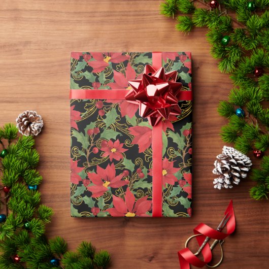 Weihnachtsstern-Eleganz auf schwarzem Geschenkpapi Geschenkpapier (Feiertagsgeschenk)