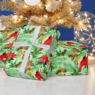 Weihnachtsstern Fichten Zweige Zapfen Rotkehlchen  Geschenkpapier