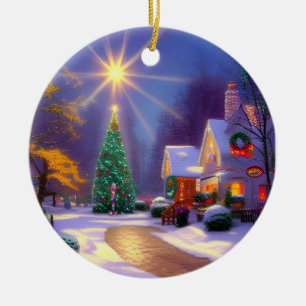 Weihnachtsstern leuchten über einem Weihnachtsbaum Keramik Ornament