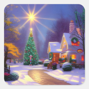 Weihnachtsstern leuchtet über einem Weihnachtsbaum Quadratischer Aufkleber