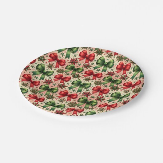 Weihnachtssterne und Bows Muster Pappteller (Schrägansicht)