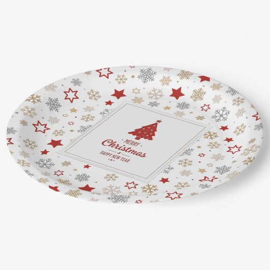 Weihnachtssterne und Schneeflocken Muster Pappteller (Schrägansicht)