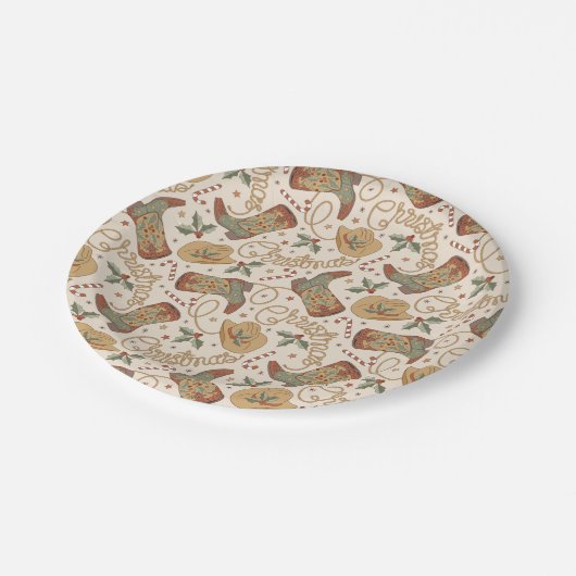 Weihnachtsstiefel und Hatter-Muster im Western Pappteller (Schrägansicht)