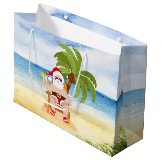 Weihnachtsstrand Santa Large Geschenktasche Große Geschenktüte (Vorderseite Schrägansicht)