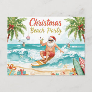 Weihnachtsstrandparty – Tropischer Santa beim Surf Einladungspostkarte