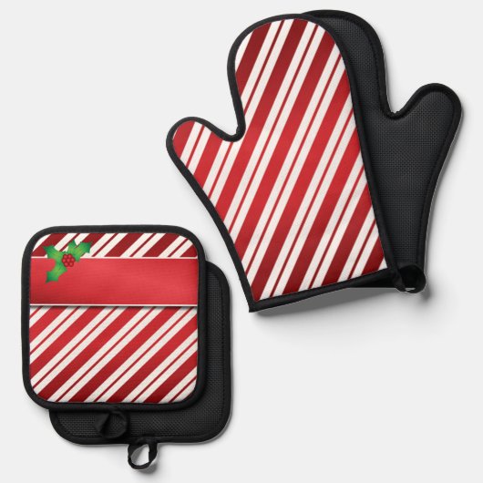 Weihnachtsstreifen mit Holly Ofenhandschuh & Topflappen-Set (Vorderseite/Rückseite)