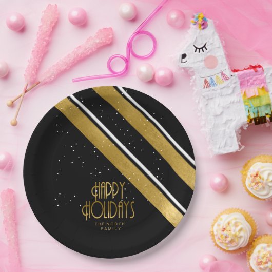 Weihnachtsstreifen Muster Gold/Schwarz ID862 Pappteller (Party)