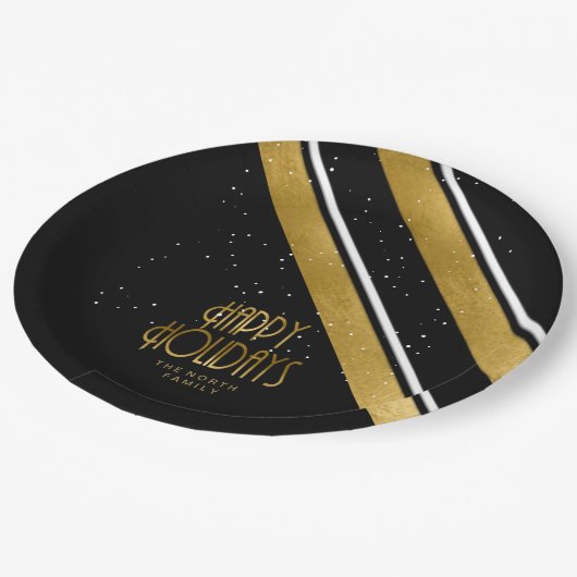 Weihnachtsstreifen Muster Gold/Schwarz ID862 Pappteller (Schrägansicht)