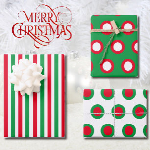 Weihnachtsstreifen & Punkte - Rotes grünes Weihna Geschenkpapier Set
