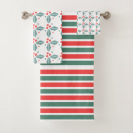 Weihnachtsstreifen und Holly Berries Urlaub Badhandtuch Set