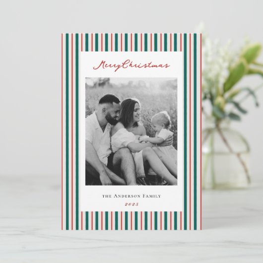 Weihnachtsstreifen Zweiseitiges Foto Feiertagskarte (Stehend Vorderseite)