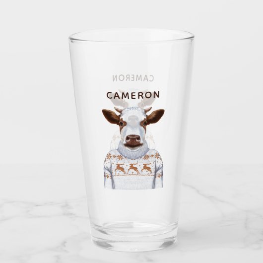 Weihnachtsstrickjacke-Kuh | addieren Ihren Namen Glas (Vorderseite)