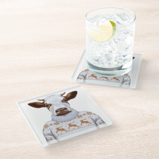 Weihnachtsstrickjacke-Kuh Glasuntersetzer (Schrägansicht)