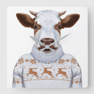 Weihnachtsstrickjacke-Kuh Quadratische Wanduhr