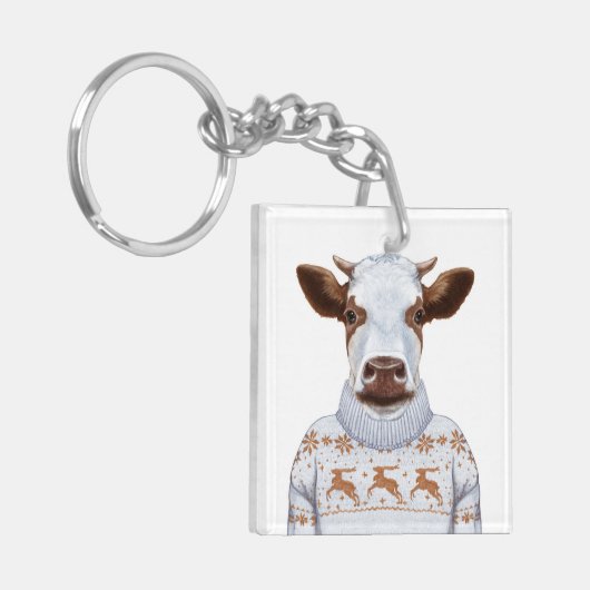 Weihnachtsstrickjacke-Kuh Schlüsselanhänger (Vorderseite links)