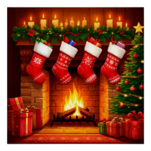 Weihnachtsstrümpfe hängen über dem warmen Kamin Poster