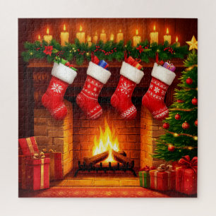 Weihnachtsstrümpfe hängen über dem warmen Kamin Puzzle