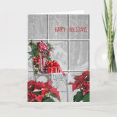 Weihnachtsstuhl mit Poinsettia im Fenster Karte (Vorderseite)