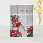 Weihnachtsstuhl mit Poinsettia im Fenster Karte (Gelbe Blume)