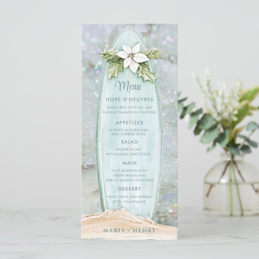 Weihnachtssurfboard | Winter Beach Glitzer Menükarte (Stehend Vorderseite)