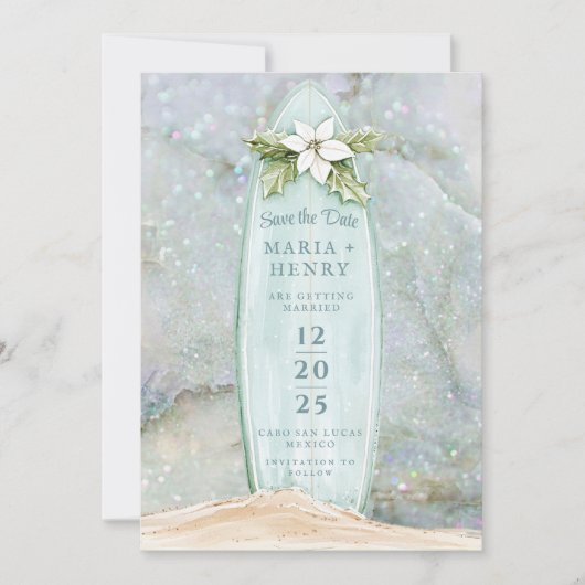 Weihnachtssurfboard | Winter Beach Save the Date (Vorderseite)