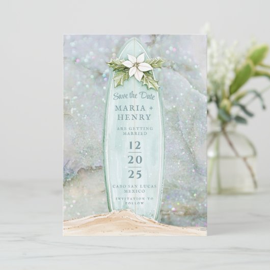 Weihnachtssurfboard | Winter Beach Save the Date (Stehend Vorderseite)