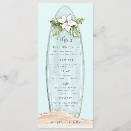 Weihnachtssurfboard | Winterstrand Menükarte (Vorderseite)