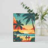 Weihnachtssurfer Tropischer Strand Sonnenuntergang Postkarte (Stehend Vorderseite)