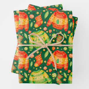 Weihnachtssüße, Strümpfe und Ornamente Grün Geschenkpapier Set