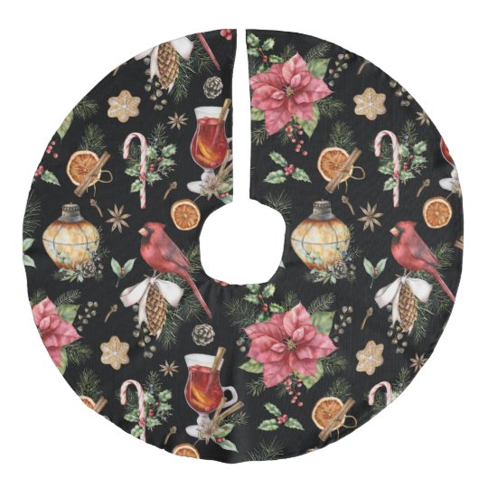 Weihnachtssymbole Muster Kardinal, Poinsettia Fa Leinenimitat Weihnachtsbaumdecke (Vorderseite)