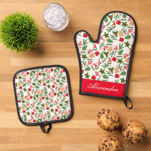 Weihnachtssymbole Muster Weihnachtsmannmütze Indiv Ofenhandschuh & Topflappen-Set