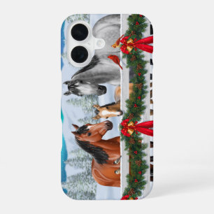 Weihnachtsszene Bay Buckskin Dapple Graue Pferde iPhone 16 Hülle