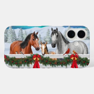 Weihnachtsszene Buckskin Dappgraue Pferde iPhone 16 Hülle