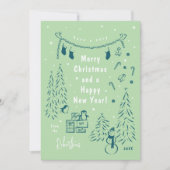 Weihnachtsszene Doodle Aquamarin & Green Weihnacht Feiertagskarte (Vorderseite)