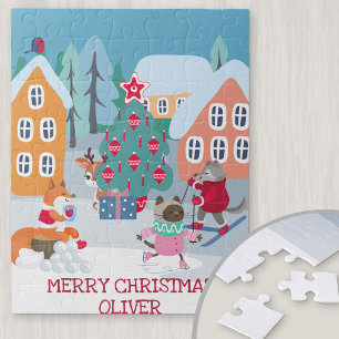 Weihnachtsszene für Kinder mit Waldtieren Puzzle
